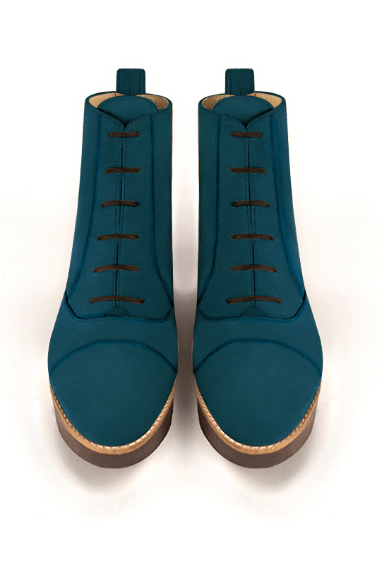 Peacock blue women's ankle boots with laces at the front.. Top view - Florence KOOIJMAN